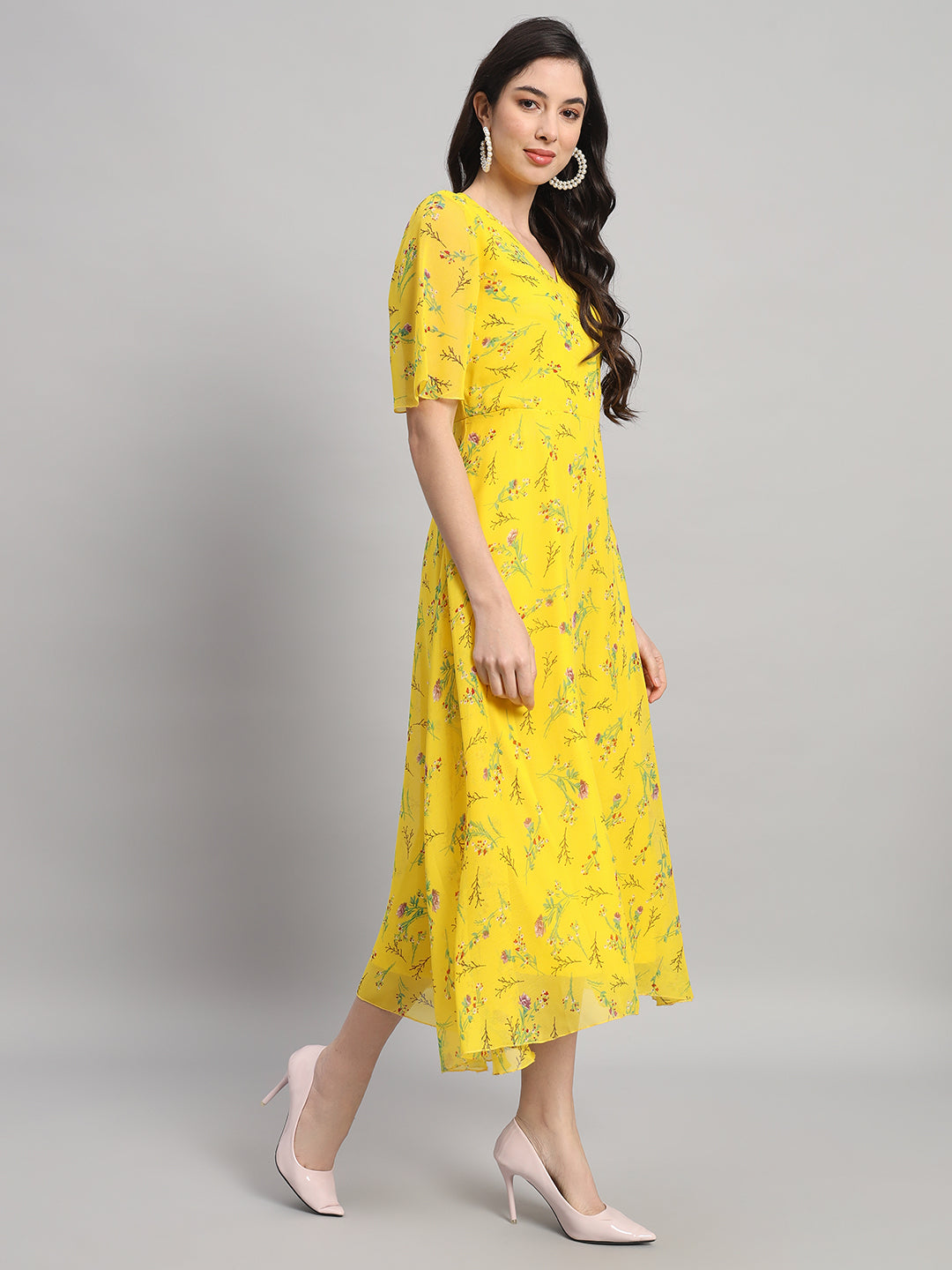 Curvydrobe Womens Yellow Floral Print Fit & Flare dress
