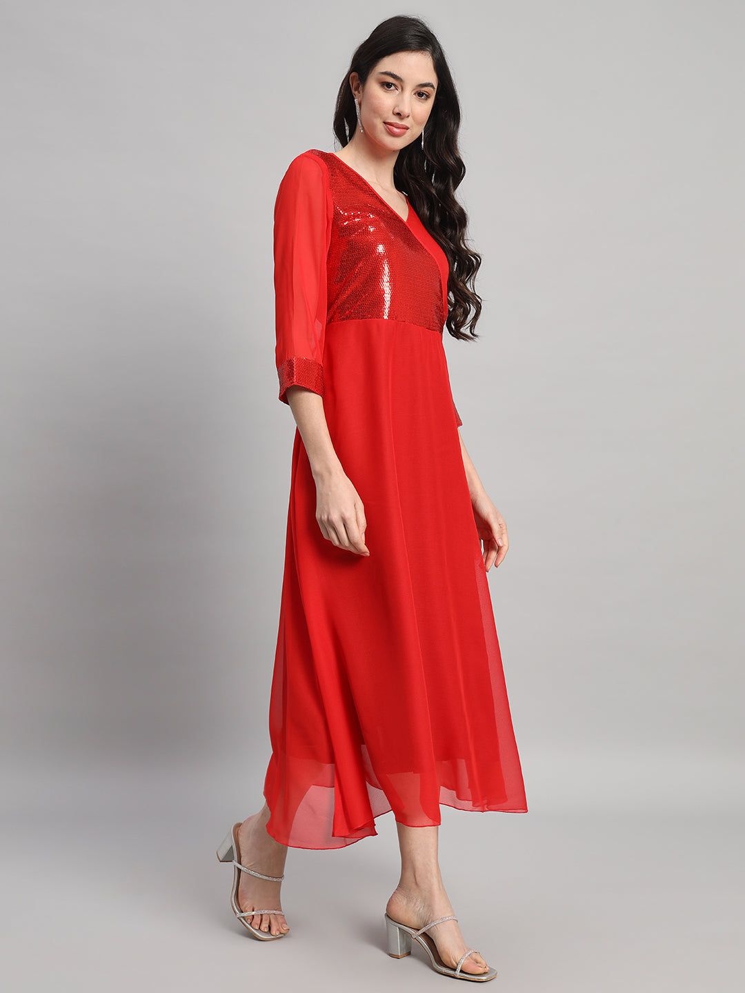 Curvydrobe Womens Solid Red Fit & Flare Dress With Seqwin