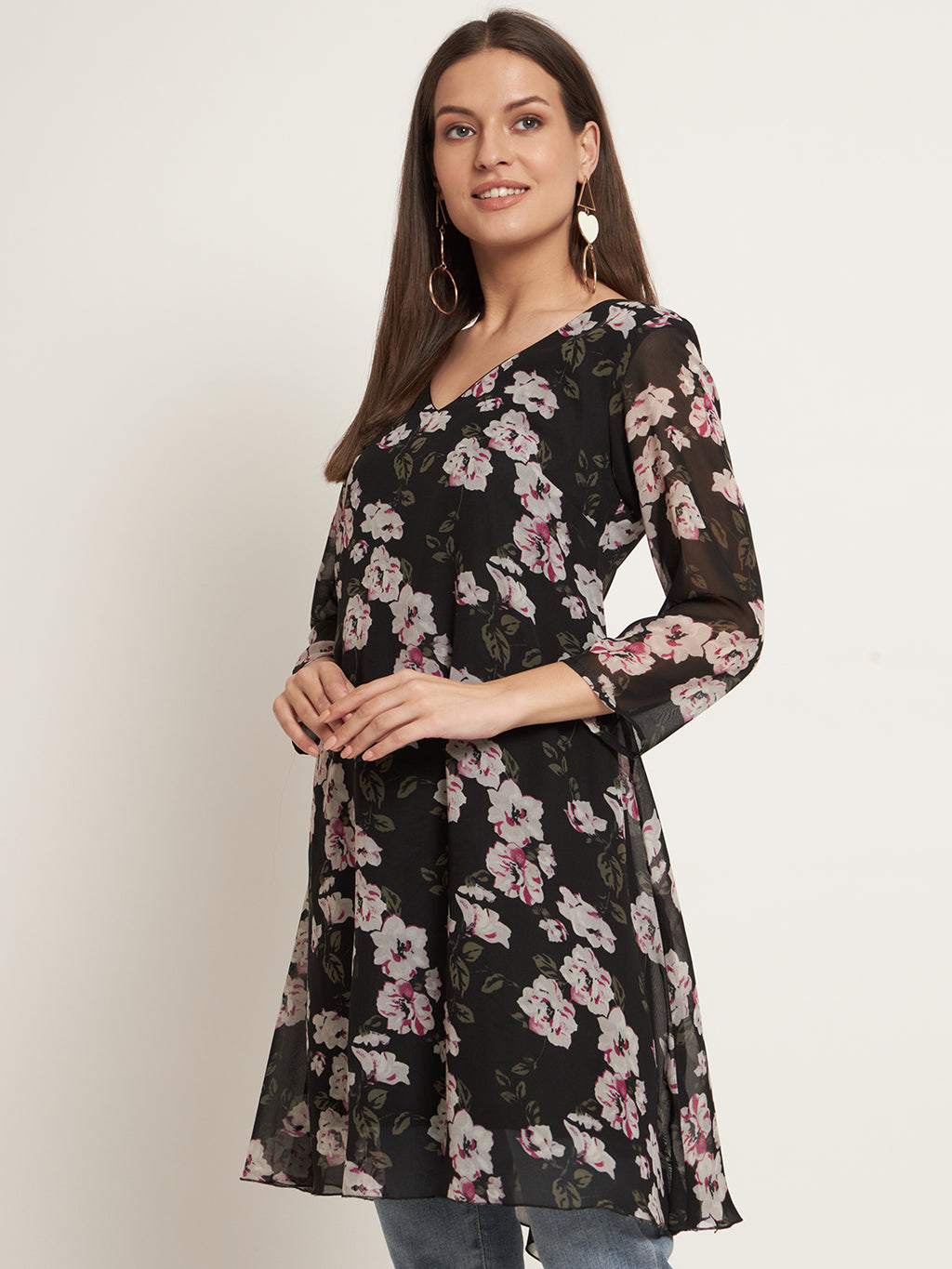 Curvydrobe Black floral print v neck dress with 3/4 sleeve
