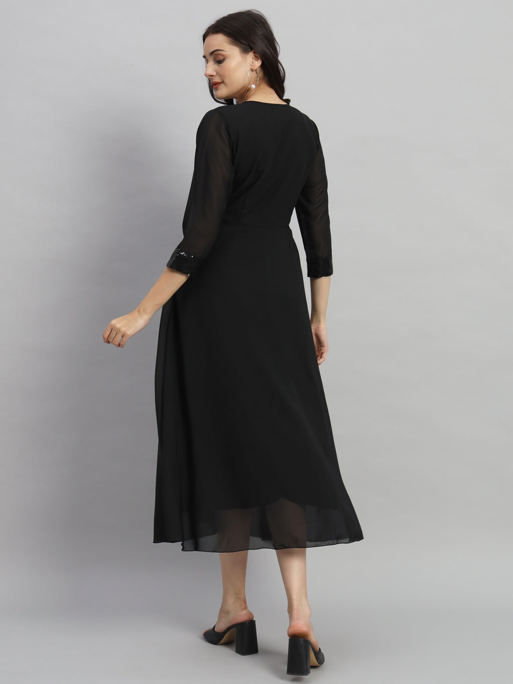 Curvydrobe Women Solid Black Siqwined Fit & Flare Dress