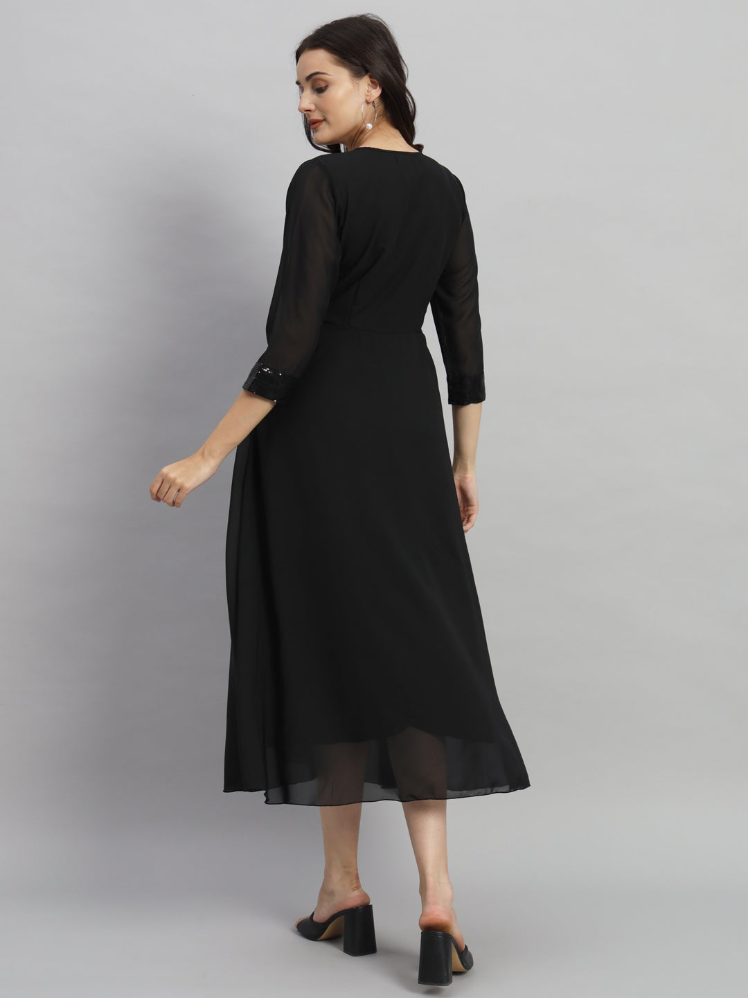 Curvydrobe Women Solid Black Siqwined Fit & Flare Dress