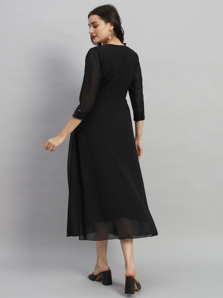 Curvydrobe Women Solid Black Siqwined Fit & Flare Dress