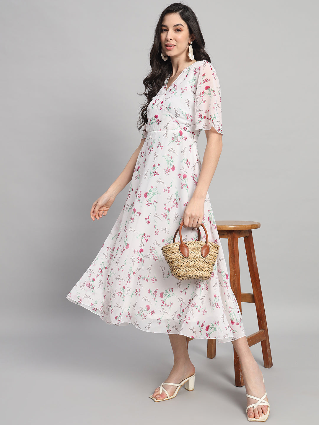 Curvydrobe Womens White Floral Print Fit & Flare dress