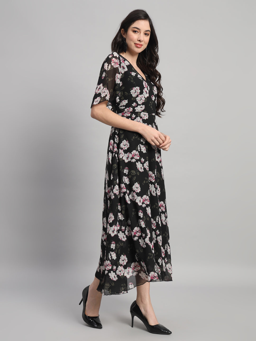 Curvydrobe Womens Black Floral Print Fit & Flare Dress