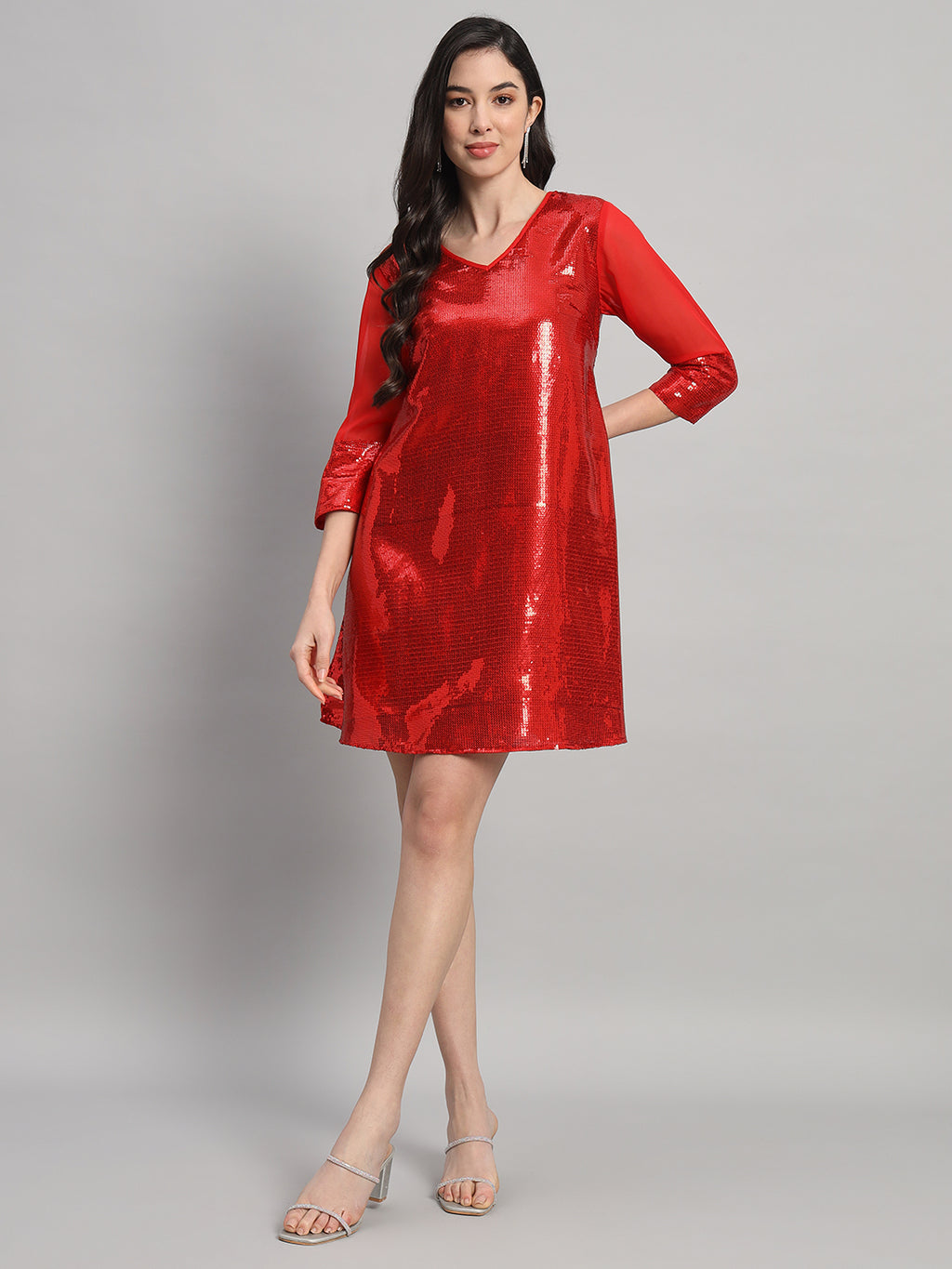 Curvydrobe Womens Red Solid Seqwined A-Line Dress