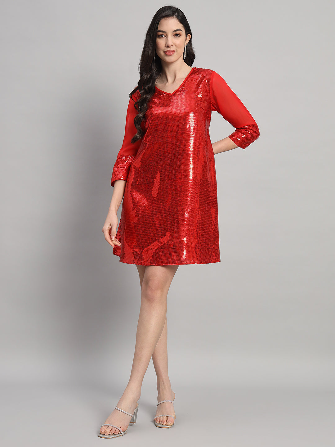Curvydrobe Womens Red Solid Seqwined A-Line Dress