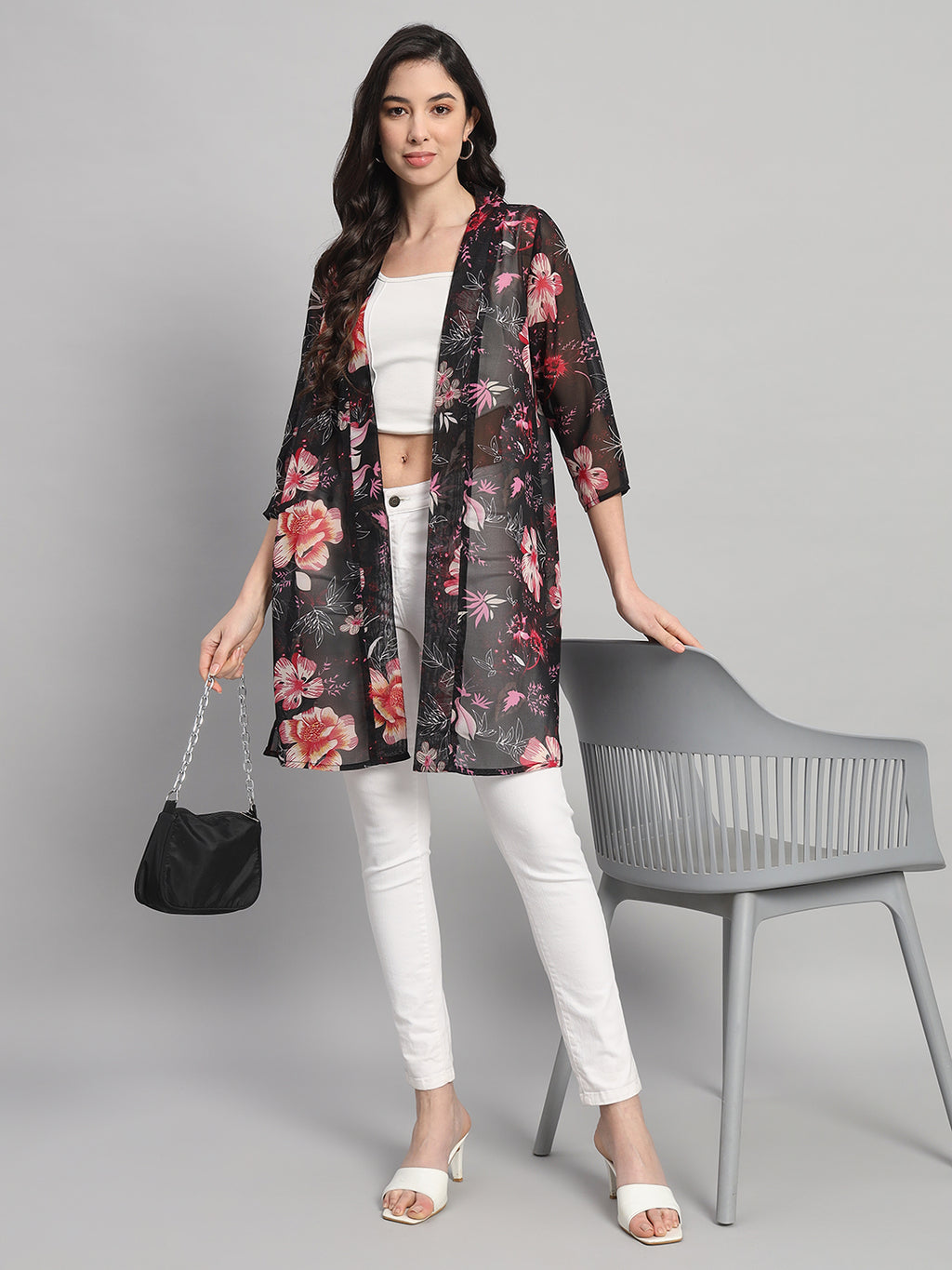 Curvydobe Black Floral Print Front-Open Shrug