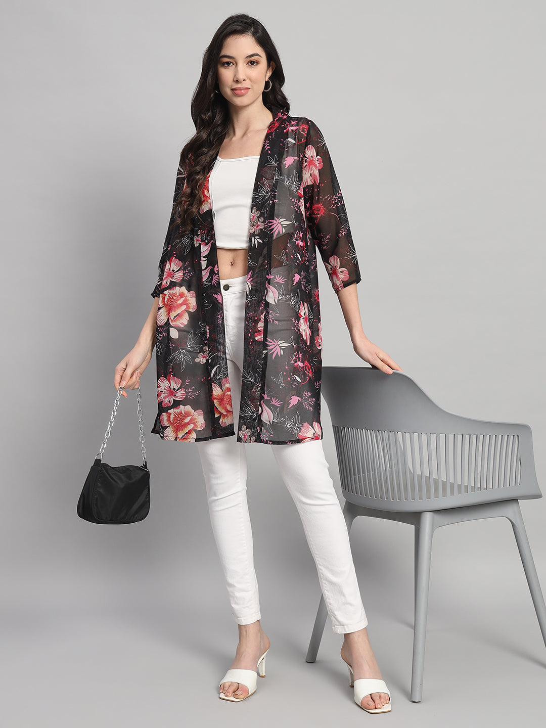 Curvydobe Black Floral Print Front-Open Shrug