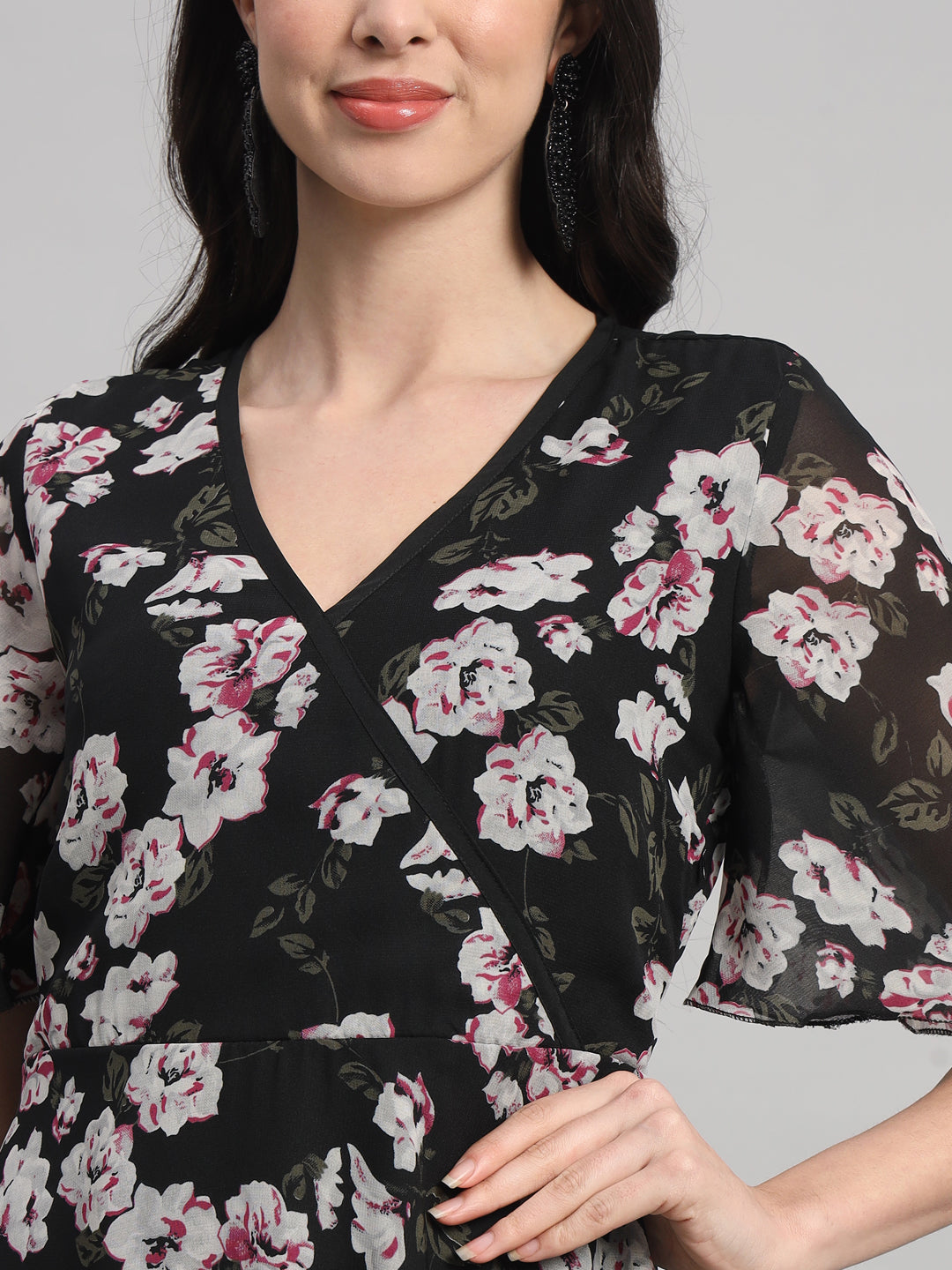 Curvydrobe Womens Black Floral Print Fit & Flare Dress