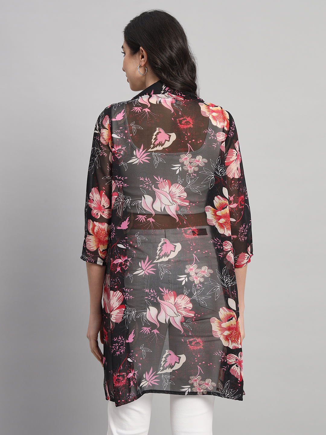 Curvydobe Black Floral Print Front-Open Shrug