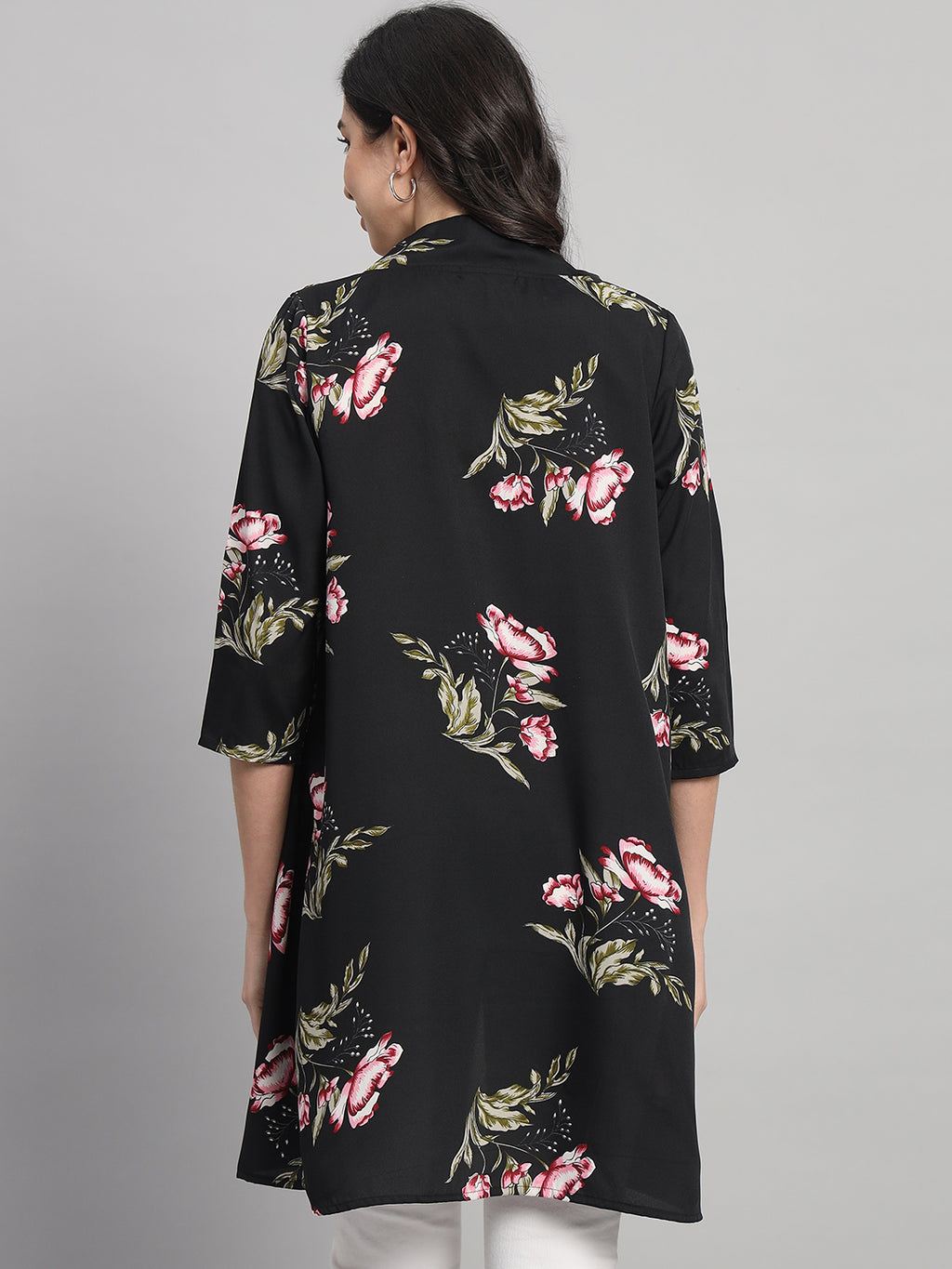 Curvydobe Womens Black Floral Print Front-Open Shrug