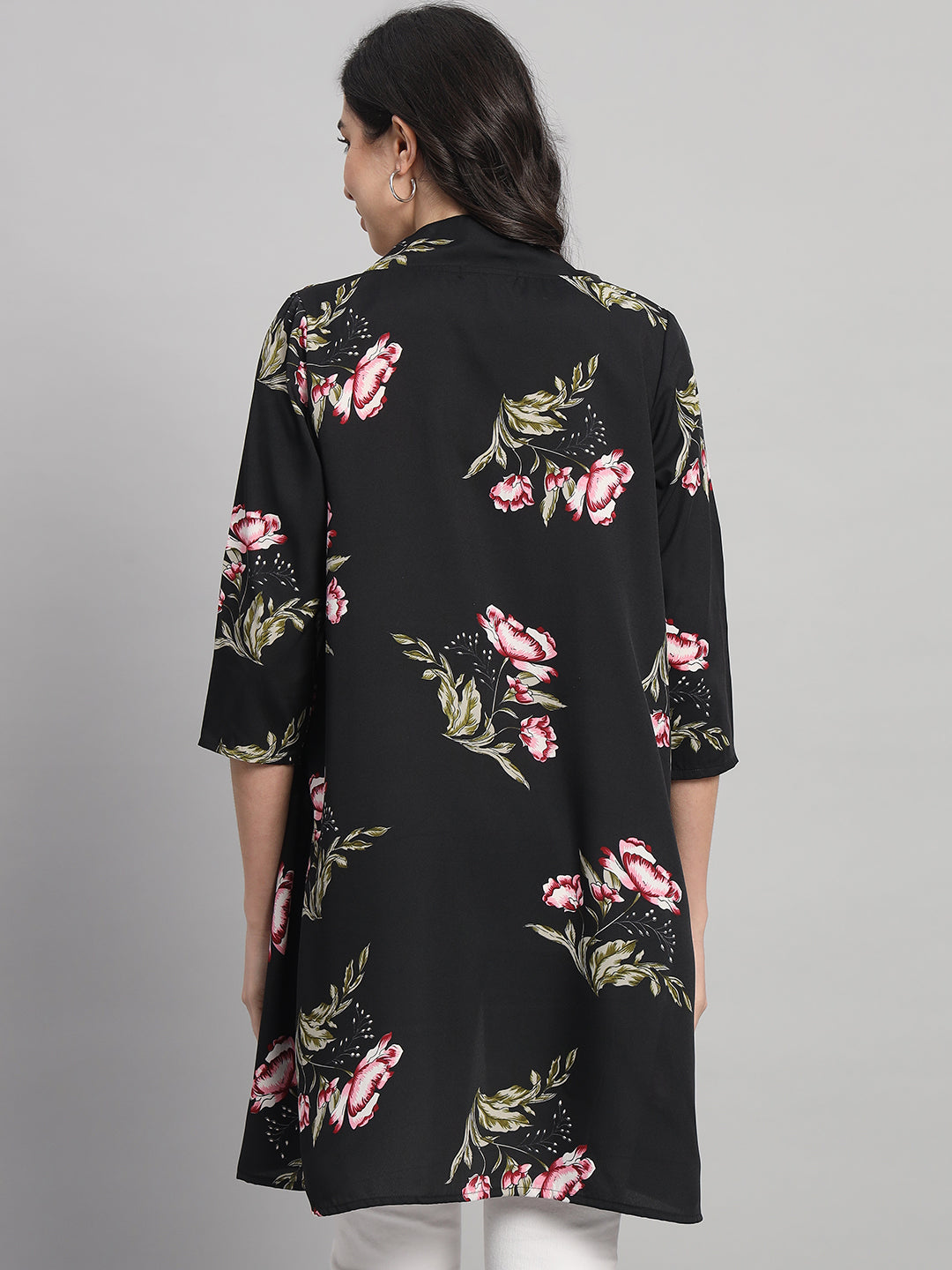 Curvydobe Womens Black Floral Print Front-Open Shrug