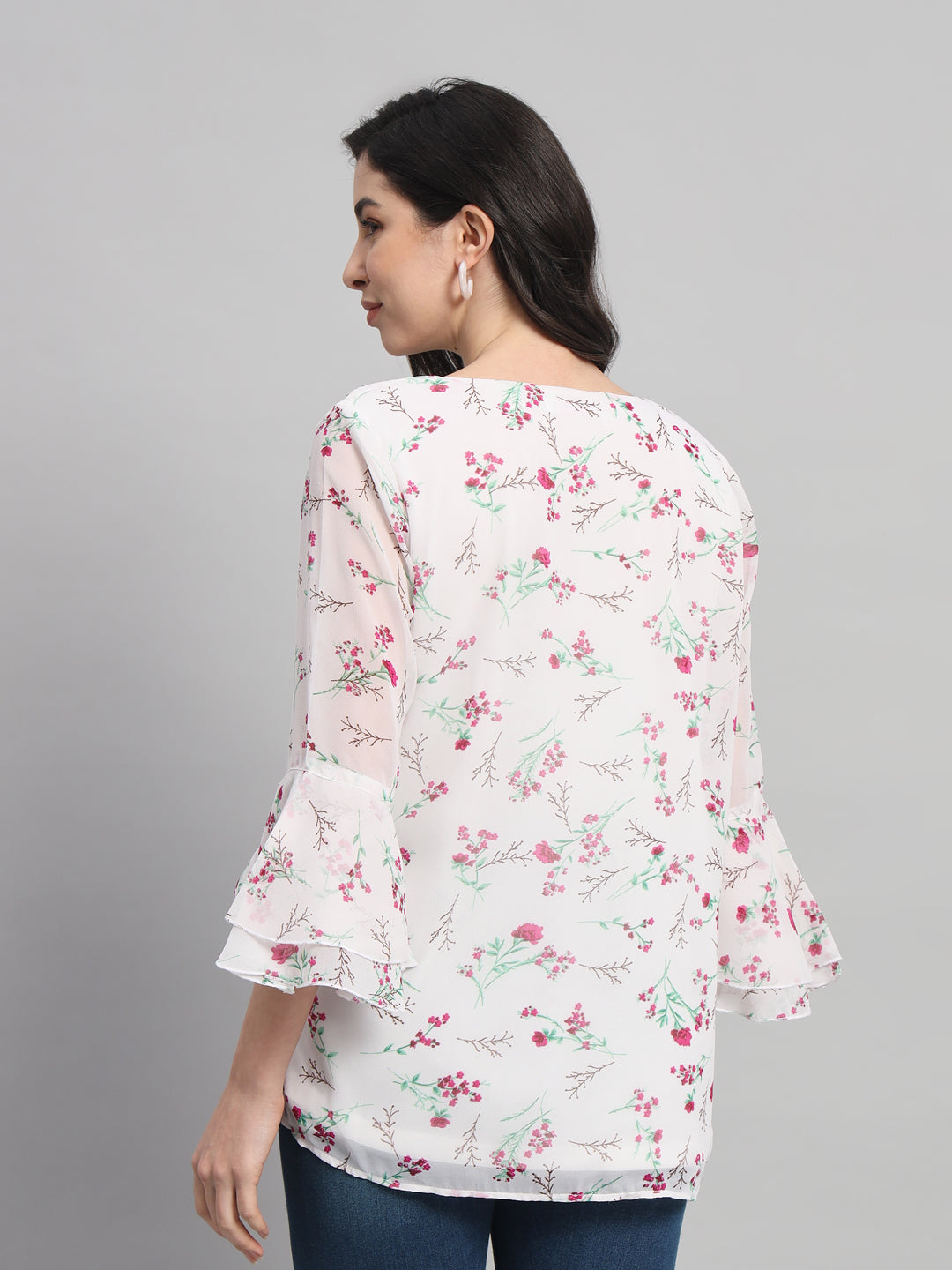 Curvydobe Womens White Floral Print V-Neck Top