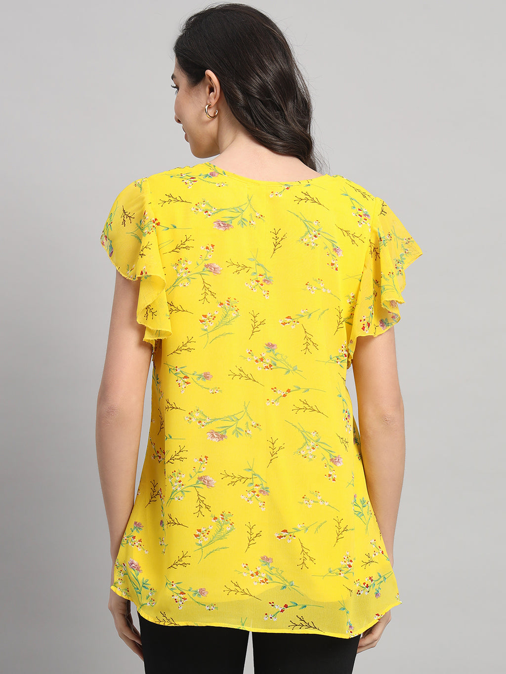Curvydobe Yellow Floral Print V-Neck Top