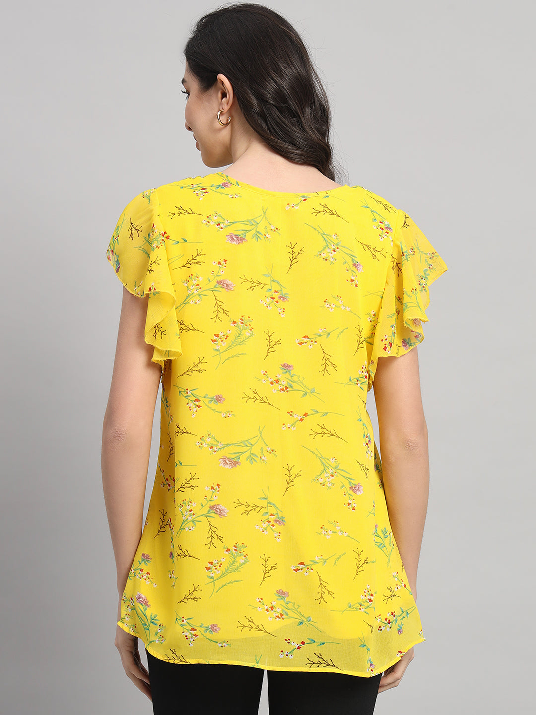 Curvydobe Yellow Floral Print V-Neck Top