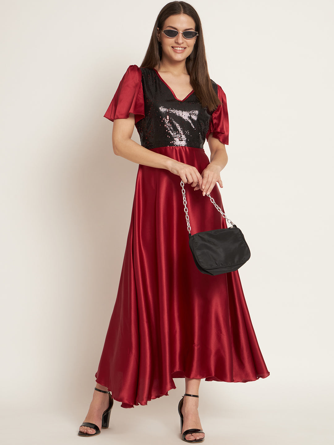 Curvydrobe Women Maroon Sequinned Detail Maxi Dress
