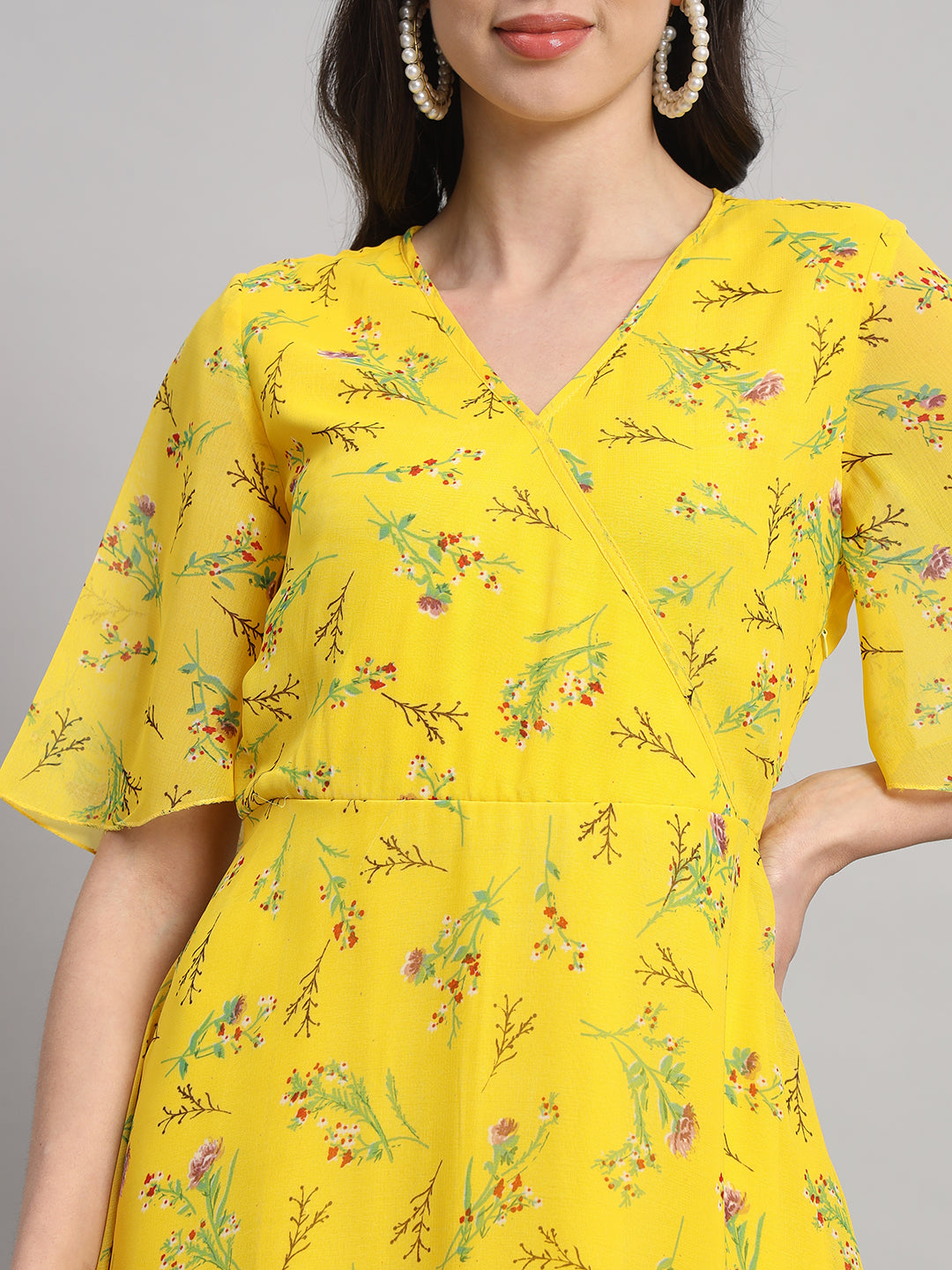 Curvydrobe Womens Yellow Floral Print Fit & Flare dress