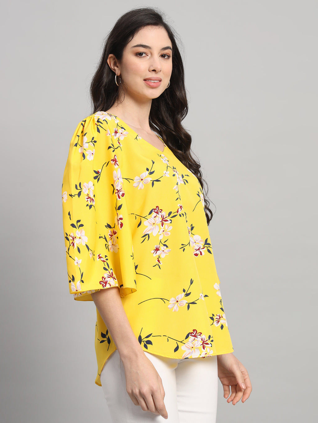 Curvydobe Womens Yellow Floral Print V-Neck Top