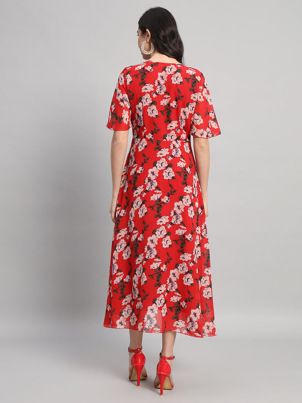 Curvydrobe Womens Red Floral Print Fit & Flare Dress