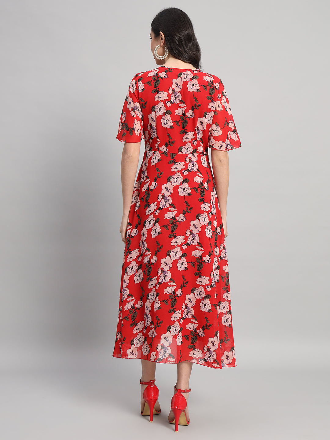 Curvydrobe Womens Red Floral Print Fit & Flare Dress