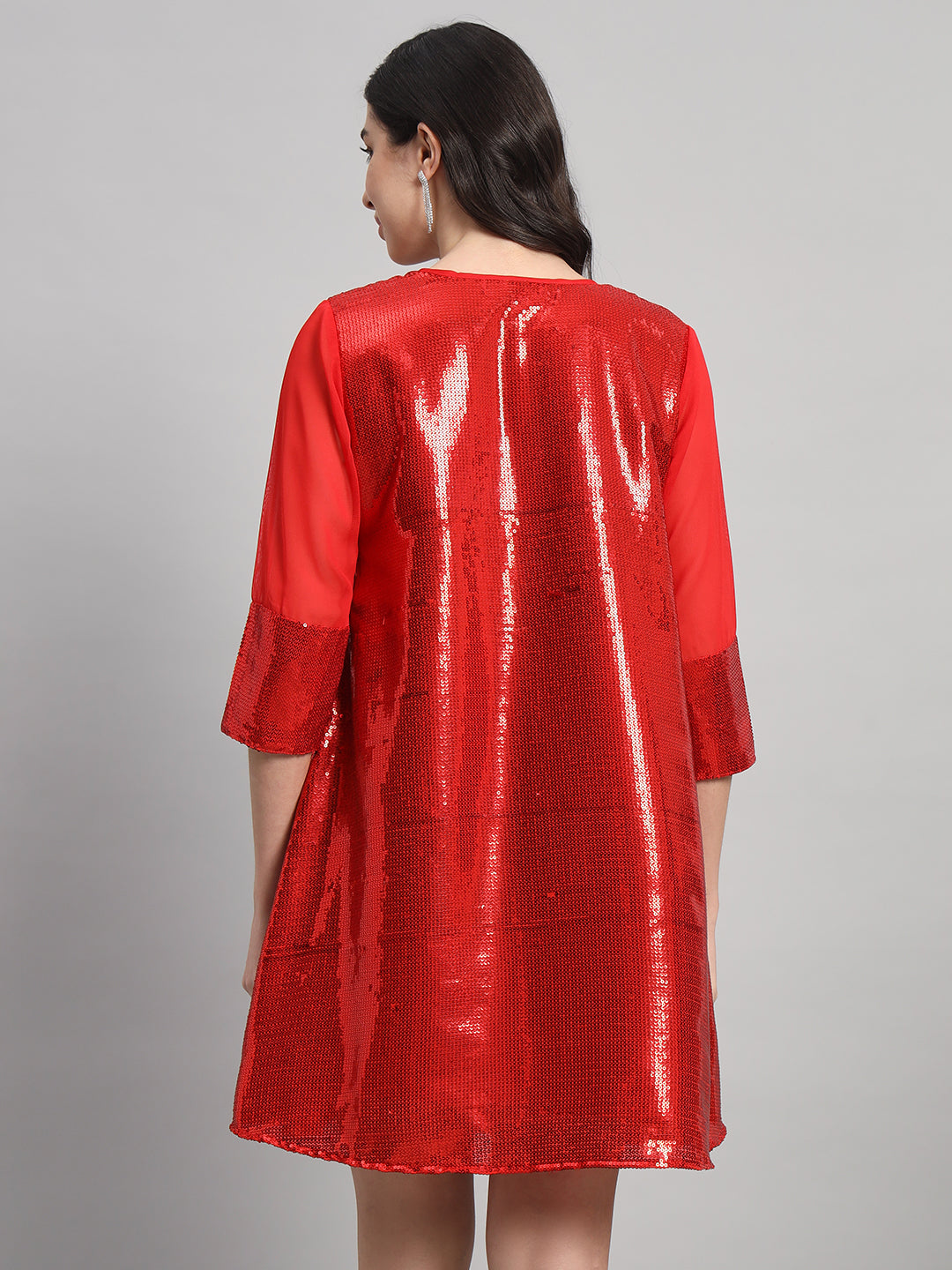 Curvydrobe Womens Red Solid Seqwined A-Line Dress