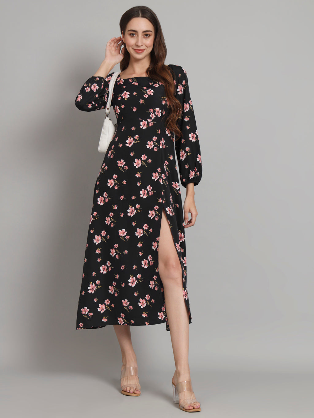Curvydrobe Womens black floral longline with square neck and one thigh slit dress