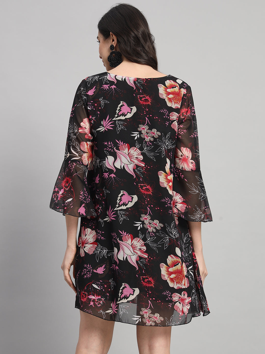 Curvydrobe Womens Black Floral Print A line Dress