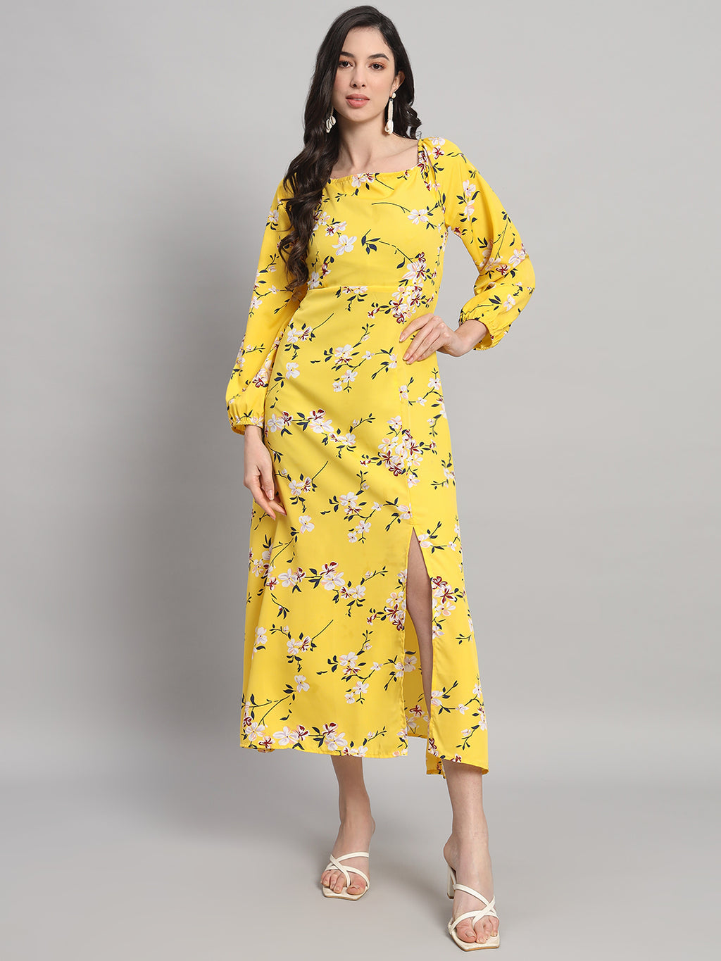 Curvydrobe Womens Yellow floral Fit & Flare Dress