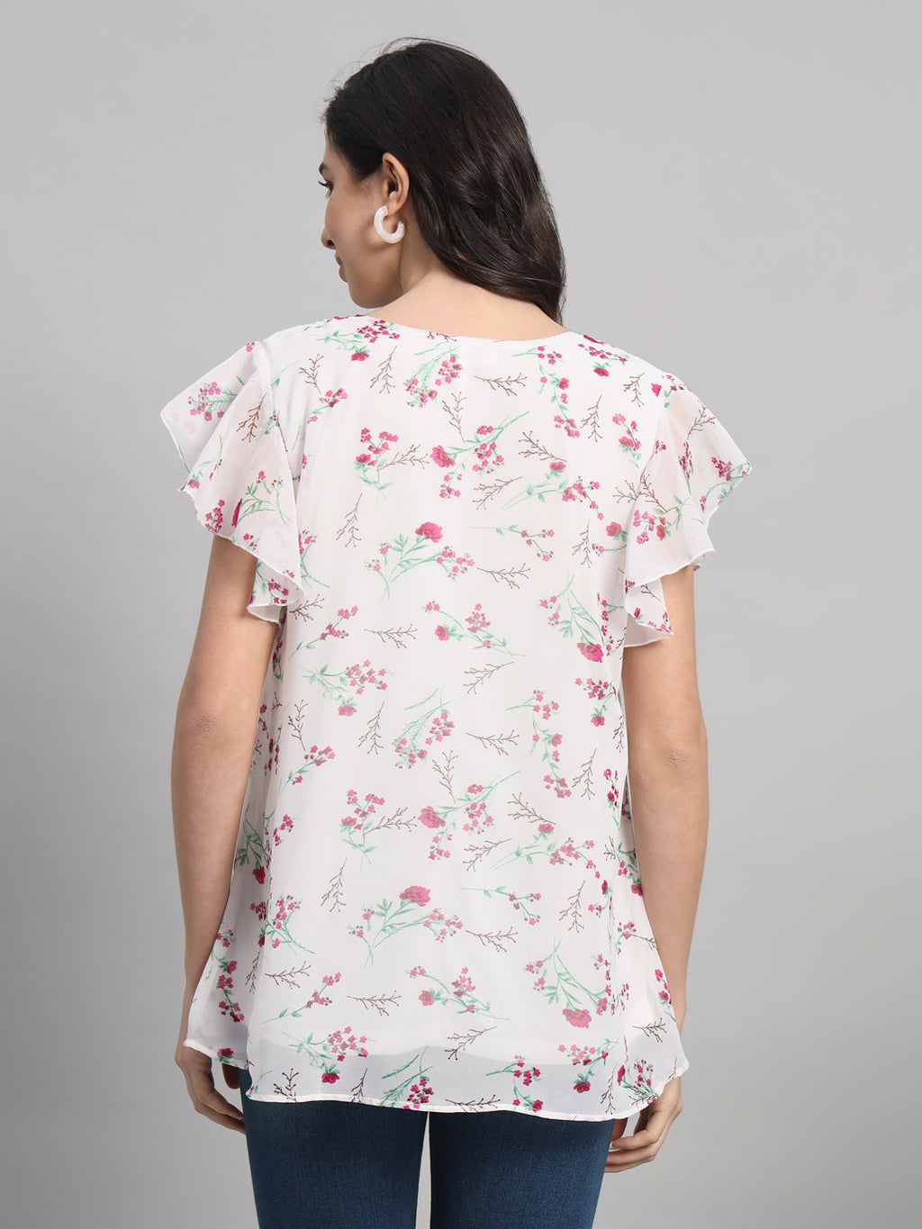 Curvydobe White Floral Print V-Neck Top