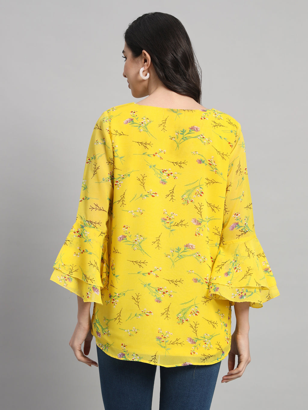 Curvydobe Womens Yellow Floral Print V-Neck Top
