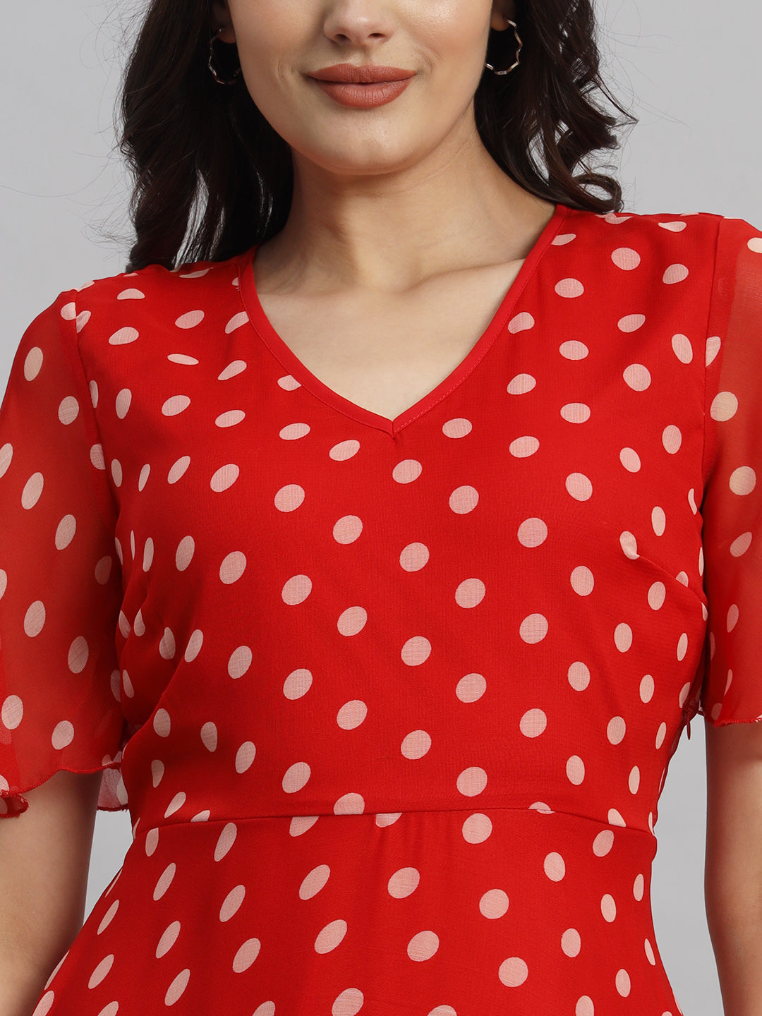 Red & White Polka Dot Printed Maxi A-Line Dress