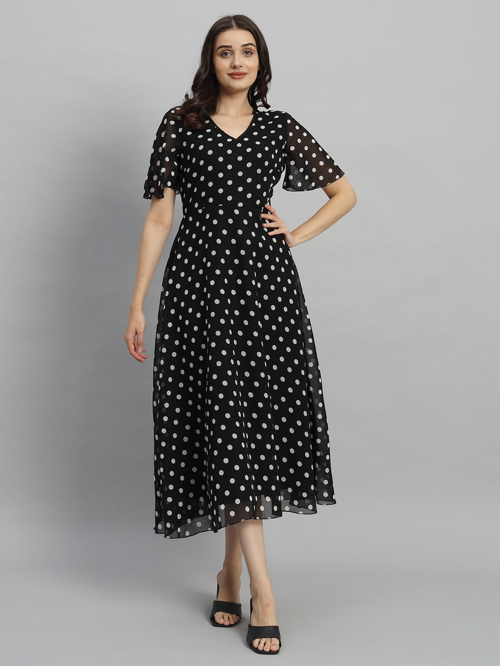 Black & White Polka Dot Printed Maxi A-Line Dress
