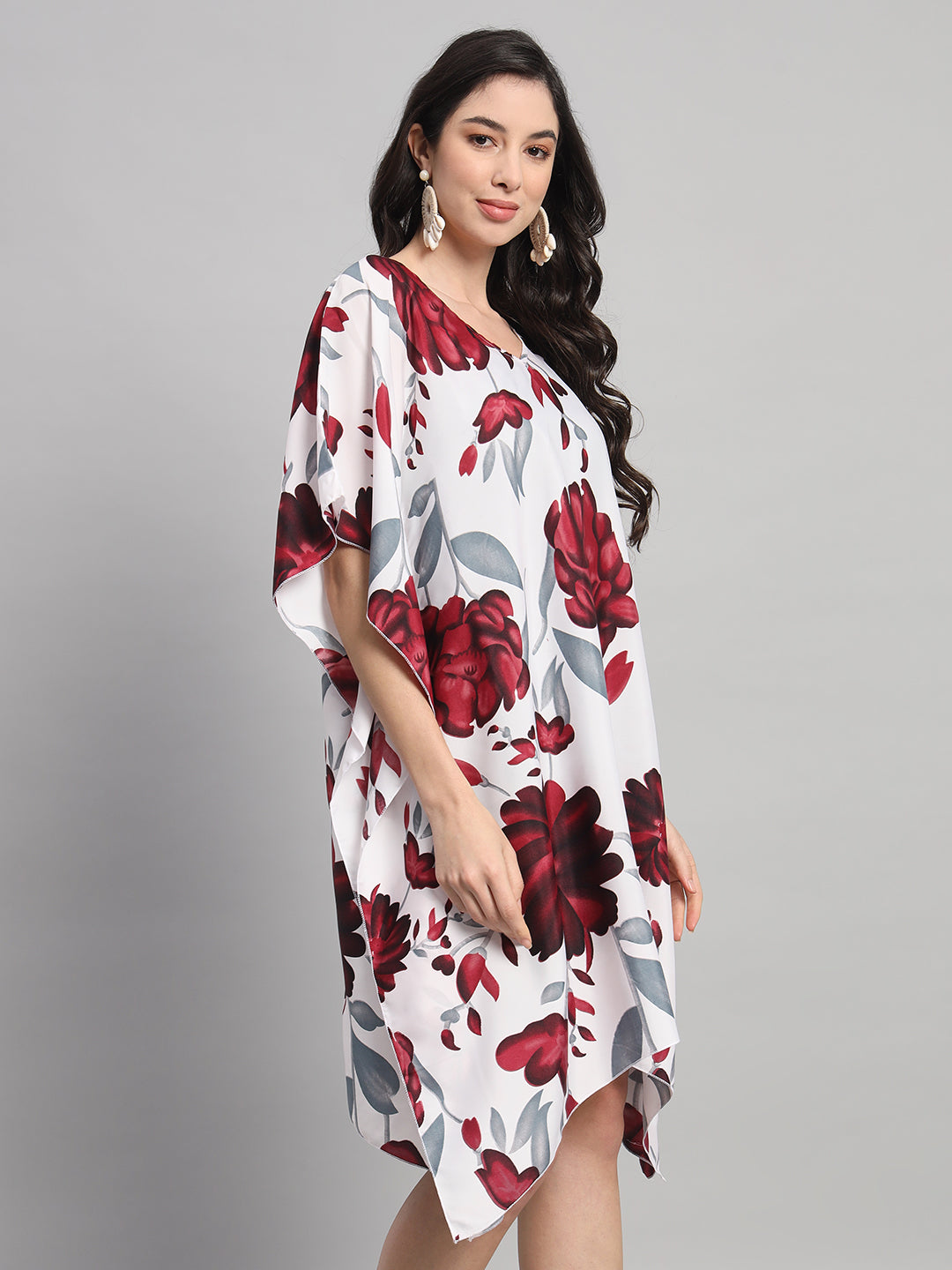 Curvydrobe Womens White Floral Print Kaftan V Neck