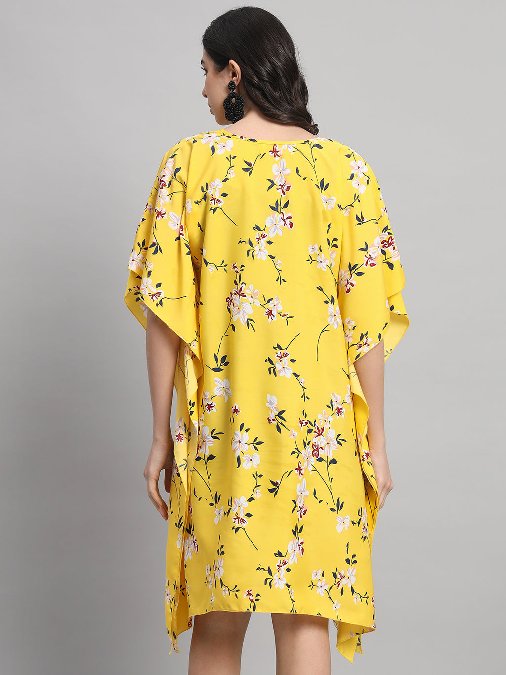 Curvydrobe Womens Yellow Floral Print Kaftan V Neck