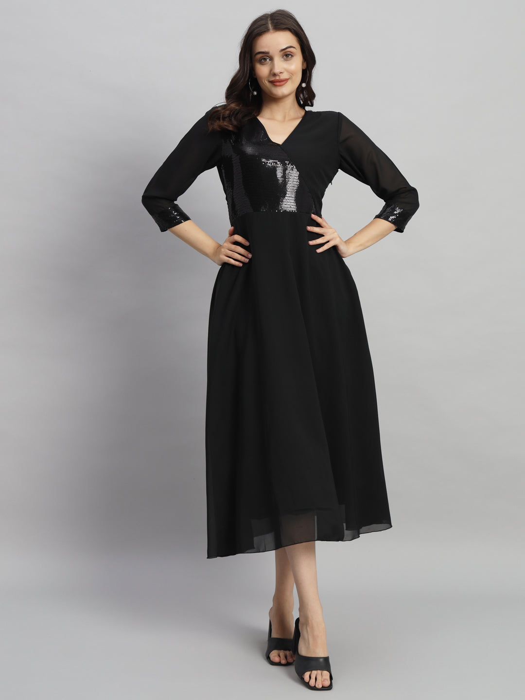 Curvydrobe Women Solid Black Siqwined Fit & Flare Dress