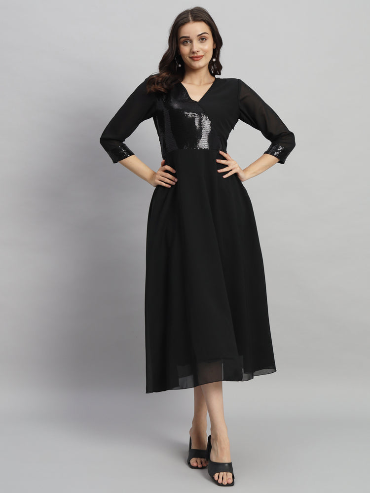 Curvydrobe Women Solid Black Siqwined Fit & Flare Dress
