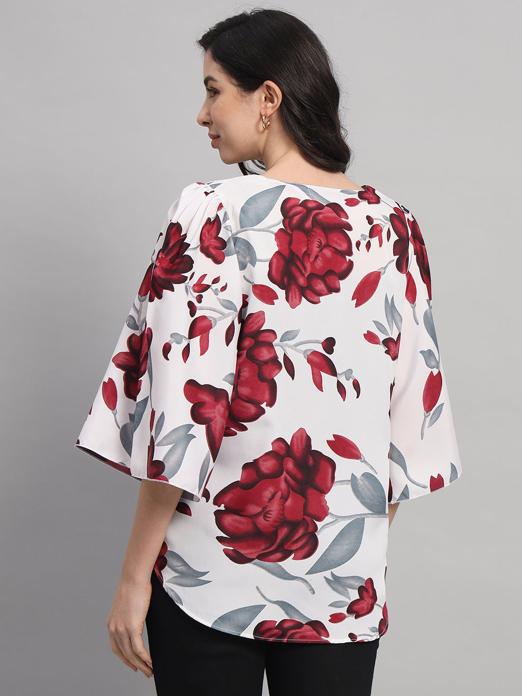 Curvydobe White Floral Print V-Neck Top