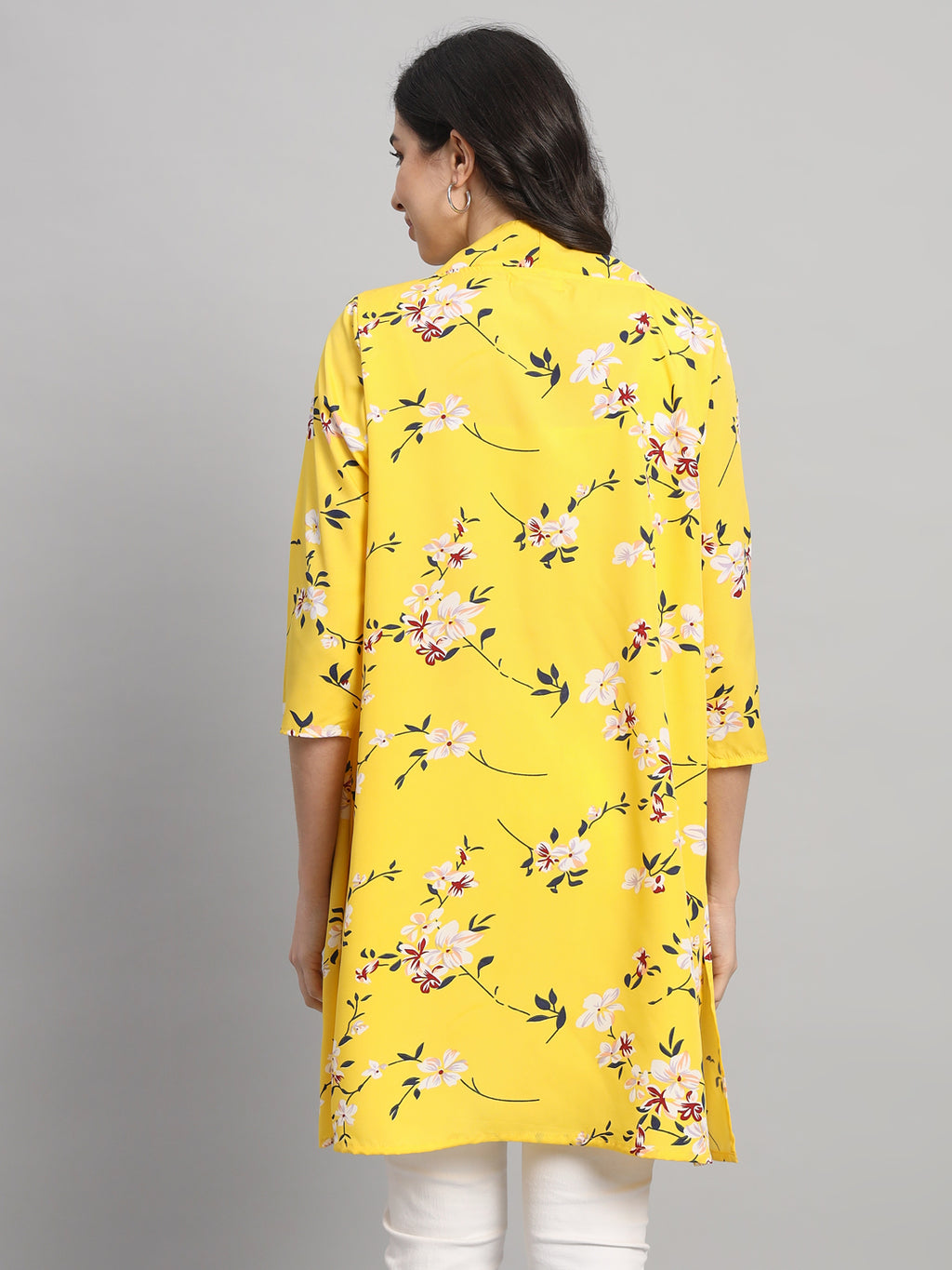Curvydobe Womens Yellow Floral Print Front-Open Shrug