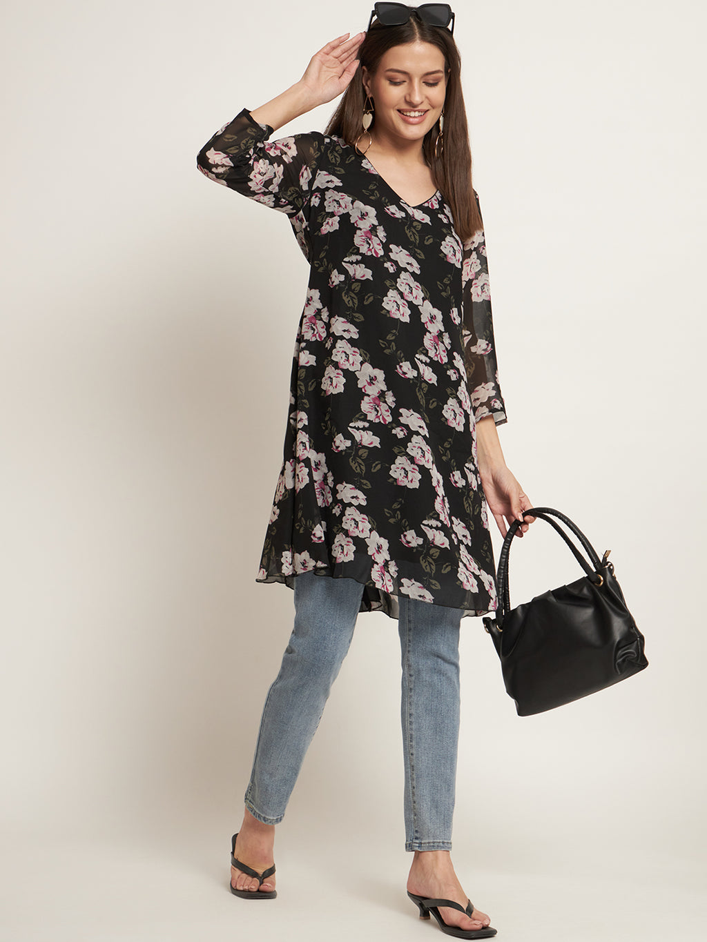 Curvydrobe Black floral print v neck dress with 3/4 sleeve