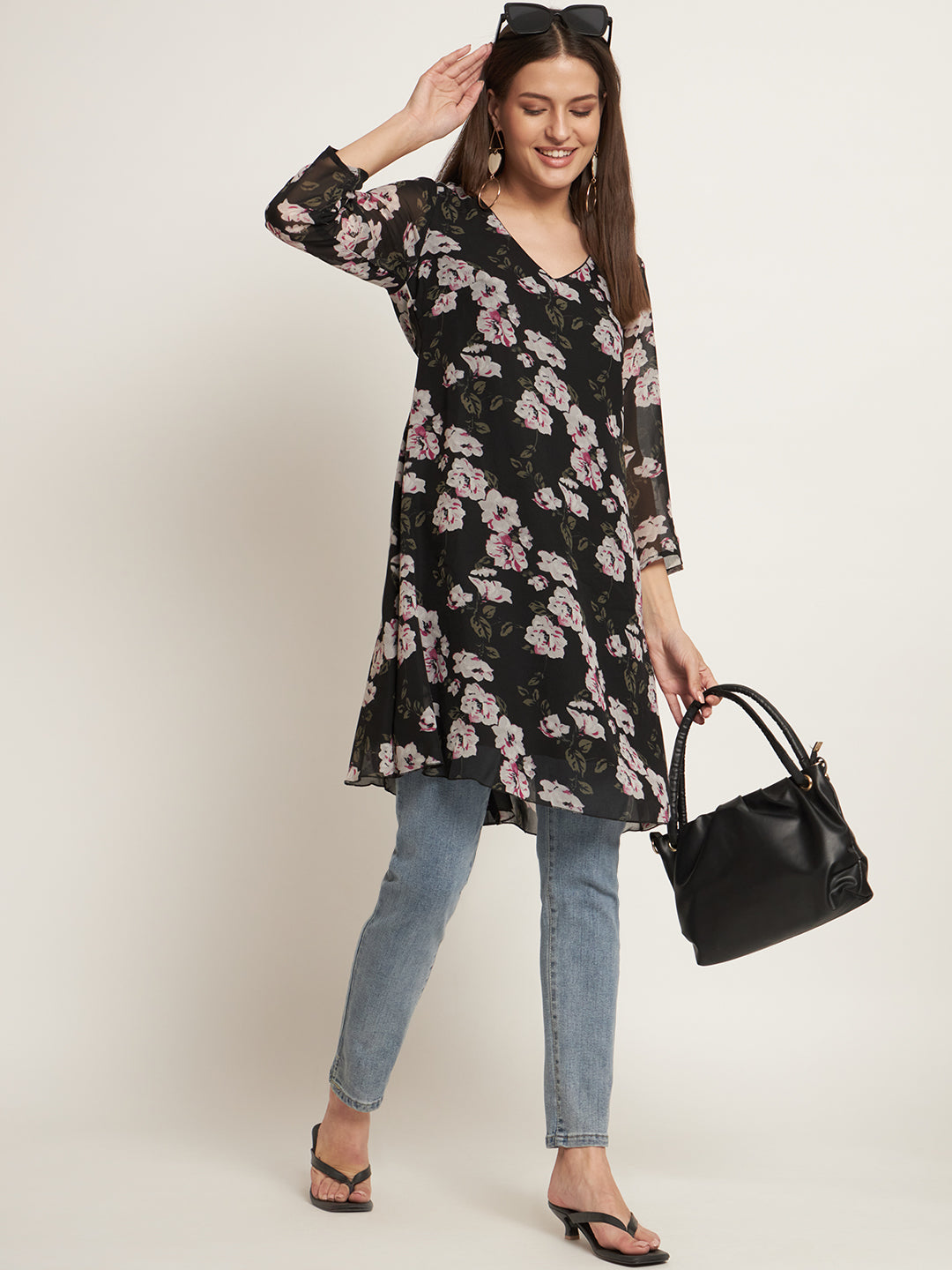 Curvydrobe Black floral print v neck dress with 3/4 sleeve
