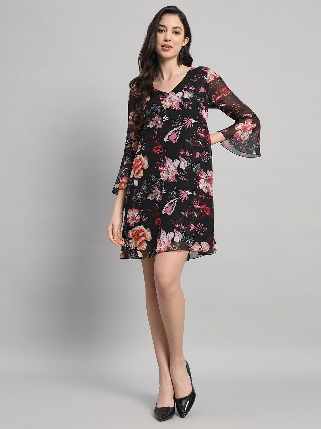 Curvydrobe Womens Black Floral Print A line Dress