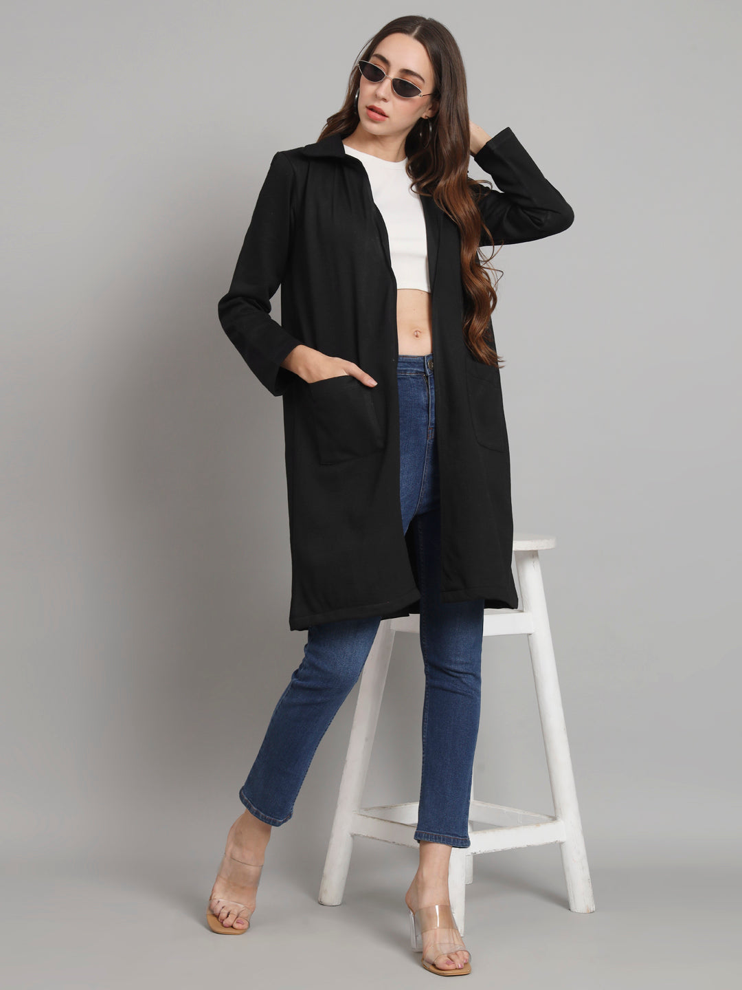 Curvydobe Black solid open front jacket